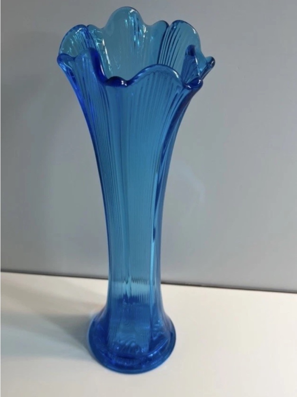Mid Century Modern Fenton Stretch Blue Ribbed Swung Ruffed Tall Vase MCM